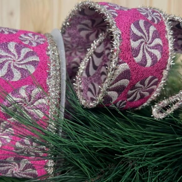 Sweet Pink Peppermint Jacquard Ribbon with Silver Tinsel Edging Christmas Crafts - Picture 1 of 5